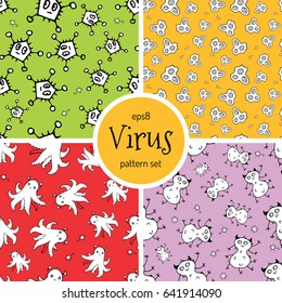Hand Drawn Cartoon Virus Pattern for Medical Design. Cute Monster Characters of Germ Infection or Bacteria. Vector Microbe Pathogen Seamless Background. Scetched Funny Viruses for Booklet Cover