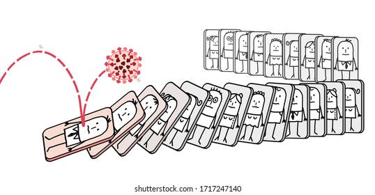 hand drawn Cartoon virus pushing down people, like a domino effect