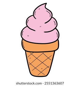 Hand drawn cartoon waffle cone ice cream isolated on white background. Vector illustration.