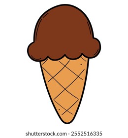 Sorvete de chocolate de cone de waffle desenhado à mão isolado no fundo branco. Ilustração vetorial.