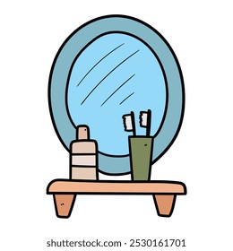 Hand drawn cartoon wall mirror, shelf, toothbrushes and lotion isolated on white background. Vector illustration.
