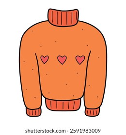 Hand drawn cartoon warm orange sweater with hearts isolated on white background. Comfortable and cozy clothes for autumn and winter. Vector illustration.