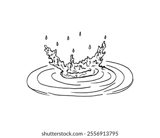 Hand drawn cartoon of a water droplet splashing with ripples