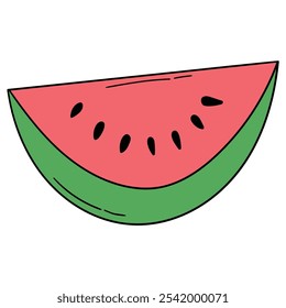 Hand drawn cartoon watermelon slice isolated on white background. Vector illustration.