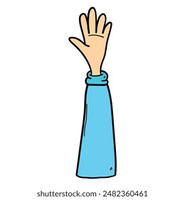 Hand drawn cartoon waving hand, gesture of goodbye or hello isolated on white background. Body language concept. Vector illustration.