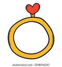 Hand drawn cartoon wedding ring with heart isolated on white background. Vector illustration.