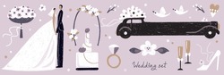 Hand Drawn Cartoon Wedding Set With Bride, Groom, Pigeon, Wedding Cake, Wedding Car, Ring, Bouquet Isolated On Background. Vector Illustration