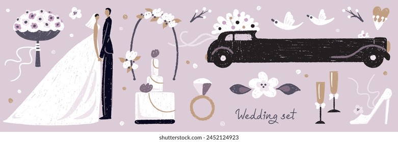 Hand drawn cartoon wedding set with bride, groom, pigeon, wedding cake, wedding car, ring, bouquet isolated on background. Vector illustration