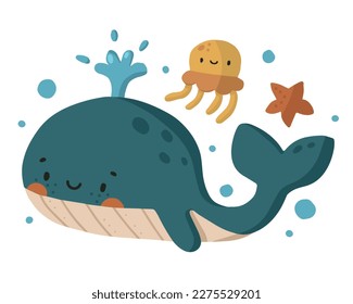 Hand drawn cartoon whale and a jellyfish are swimming in the water save ocean