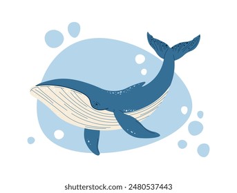 Hand drawn cartoon whale. Vector illustration of sea animal in doodle style. Suitable for decoration, sticker design