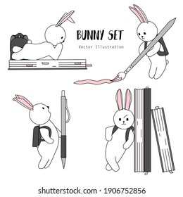 Hand drawn cartoon white bunny with backpack in school. Set of vector bunnies. Cute scketch character design. Rabbit schoolboy . Doodle style funny icon. Simple line stickers