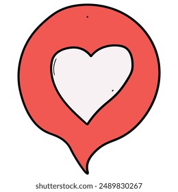 Hand drawn cartoon white heart in red speech bubble isolated on white background. Vector illustration.
