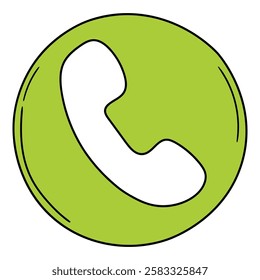 Hand drawn cartoon white telephone receiver in green circle icon isolated on white background. Vector illustration.