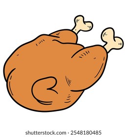 Hand drawn cartoon whole roasted chicken isolated on white background. Vector illustration.