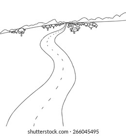 Hand Drawn Cartoon Of Winding Road To Mountains