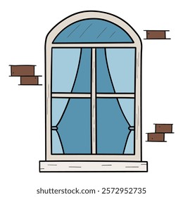 Hand drawn cartoon window facade isolated on white background. Vector illustration.