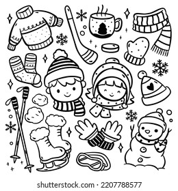Hand Drawn Cartoon Winter Related Object with Kids Vector Illustration