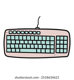 Hand drawn cartoon wired computer keyboard isolated on white background. Vector illustration.