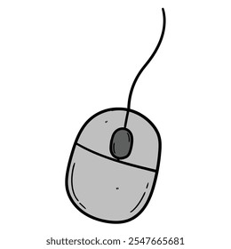 Dibujado a mano de dibujos animados con cable ratón de ordenador gris aislado sobre fondo blanco. Ilustración vectorial.
