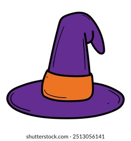 Handgezeichneter Cartoon-Hexenhut einzeln auf weißem Hintergrund. Halloween. Vektorgrafik.