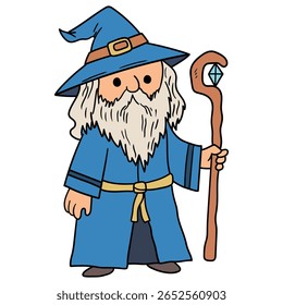 Hand drawn cartoon wizard, magician character isolated on white background. Vector illustration.