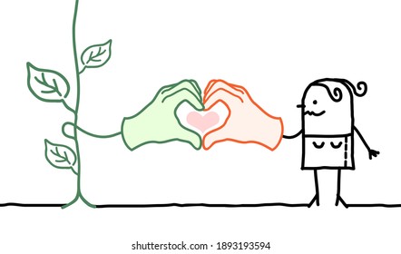 Hand drawn Cartoon Woman and Green Plant, making a Heart Hands Sign