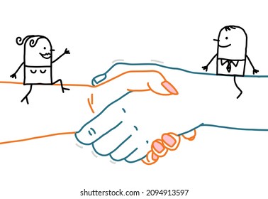 Hand drawn Cartoon Woman and Man Meeting on a big Handshake