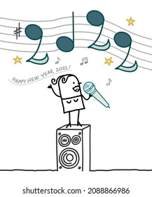 hand drawn Cartoon Woman Singing 2022 Notes and Happy New Year