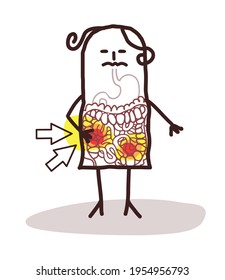 Hand drawn Cartoon Woman suffering because of Crohn's Disease