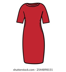 Hand drawn cartoon woman's elegant red dress isolated on white background. Vector illustration.