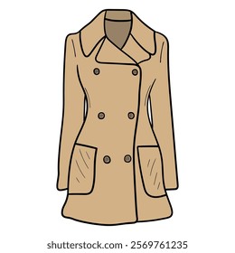 Hand drawn cartoon women's warm coat isolated on white background. Vector illustration.