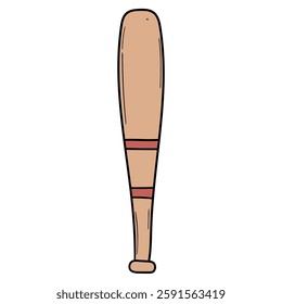 Hand drawn cartoon wooden baseball bat isolated on white background. Vector illustration.