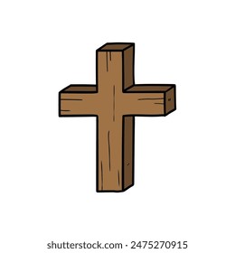 Hand drawn cartoon wooden Christian cross isolated on white background. Vector illustration.