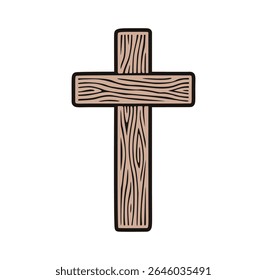 Hand drawn cartoon wooden Christian cross on white background.