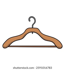 Hand drawn cartoon wooden clothes hanger isolated on white background. Vector illustration.