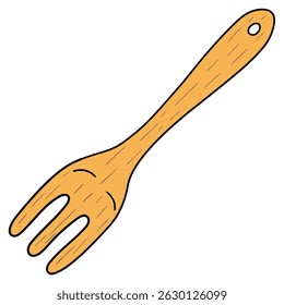 Hand drawn cartoon wooden fork isolated on white background. Vector illustration.
