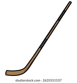 Hand drawn cartoon wooden hockey stick isolated on white background. Vector illustration.
