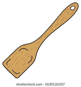 Espátula marrom de cozinha de madeira desenhada à mão isolada sobre fundo branco. Ilustração vetorial.