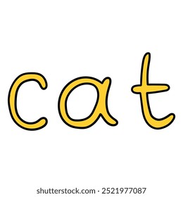 Hand drawn cartoon yellow cat lettering isolated on white background. Vector illustration.