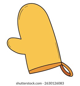 Hand drawn cartoon yellow kitchen mitten isolated on white background. Vector illustration.