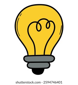 Hand drawn cartoon yellow light bulb isolated on white background. Vector illustration.