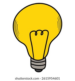Hand drawn cartoon yellow light bulb isolated on white background. Vector illustration.
