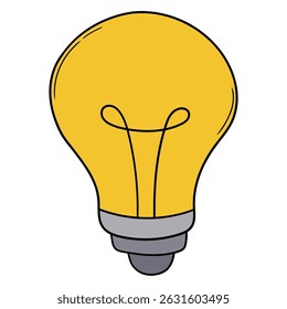 Hand drawn cartoon yellow light bulb isolated on white background. Vector illustration.