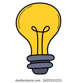 Hand drawn cartoon yellow light bulb isolated on white background. Vector illustration.