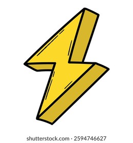 Hand drawn cartoon yellow lightning bolt isolated on white background. Vector illustration.