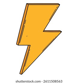 Hand drawn cartoon yellow lightning bolt isolated on white background. Vector illustration.