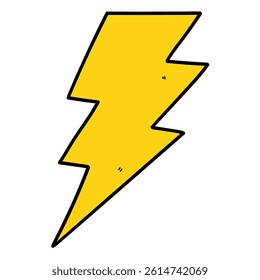 Hand drawn cartoon yellow lightning bolt isolated on white background. Vector illustration.