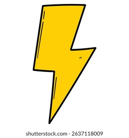 Hand drawn cartoon yellow lightning bolt isolated on white background. Vector illustration.