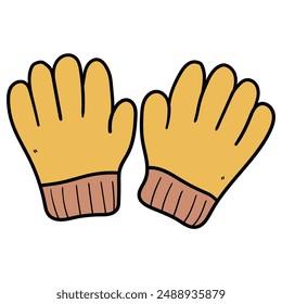 Hand drawn cartoon yellow pair of warm gloves isolated on white background. Vector illustration.