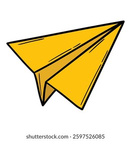 Hand drawn cartoon yellow paper airplane isolated on white background. Vector illustration.